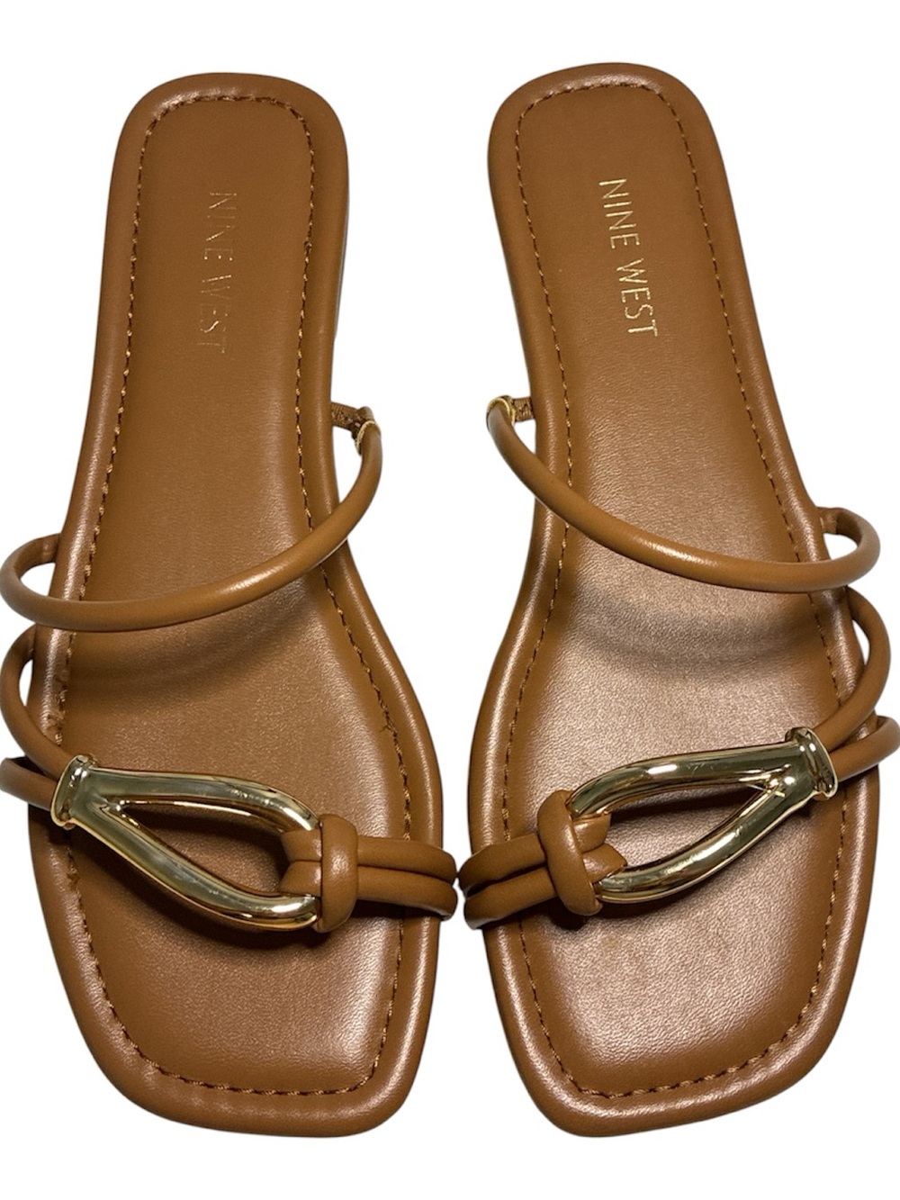 Nine West Women's Tan Slide Sandals with Gold Hardware
